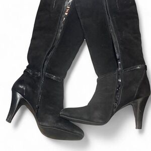 Black Suede Knee High Stiletto Boots Snakeskin Trim Leopard Lining Pointed Toe